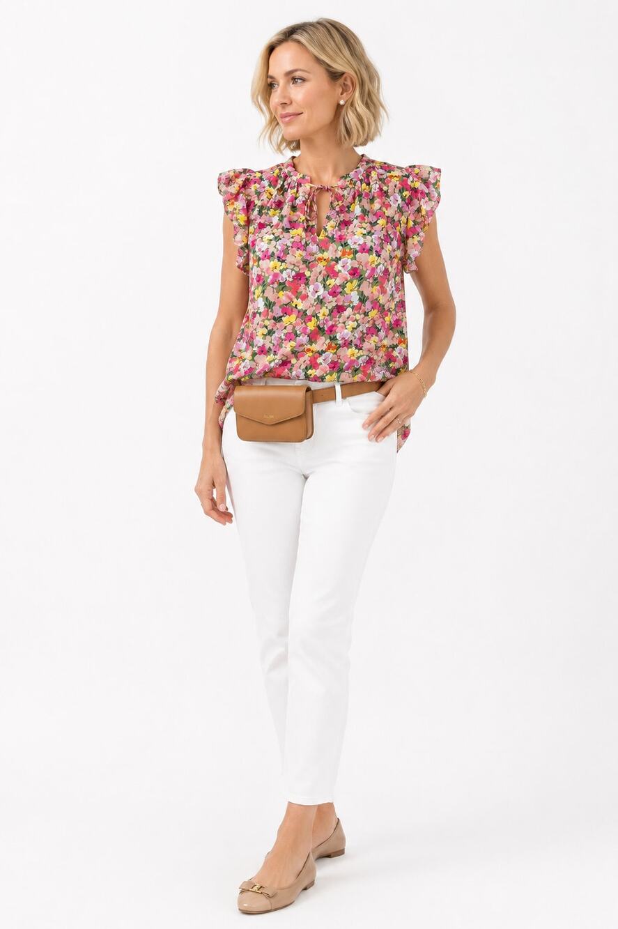 Philosophy Floral Ruffle Flutter Sleeve Keyhole Blouse Pink Green Small NWOT